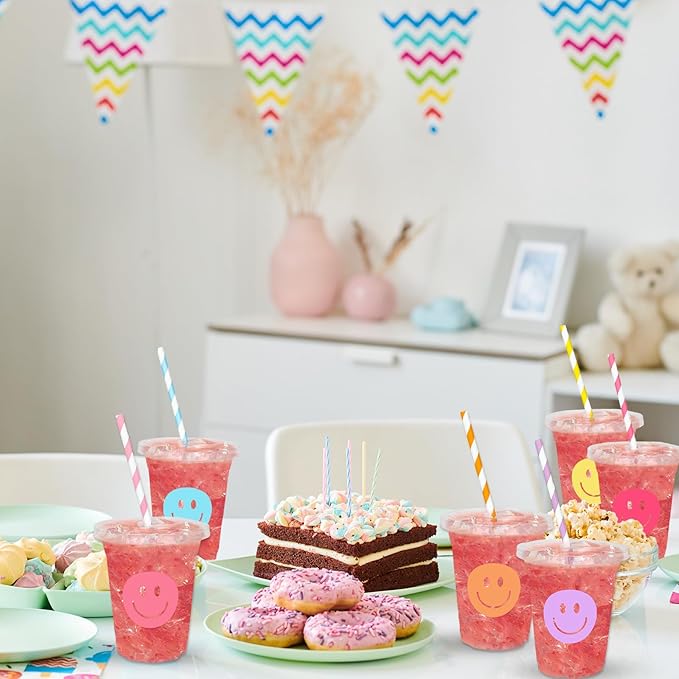 Whaline 60Pcs Smile Face Disposable Plastic Cups with Lids and Straws 12oz Pastel Preppy Smile Pattern Cold Beverage Drinking Cup for First Birthday Baby Shower Wedding