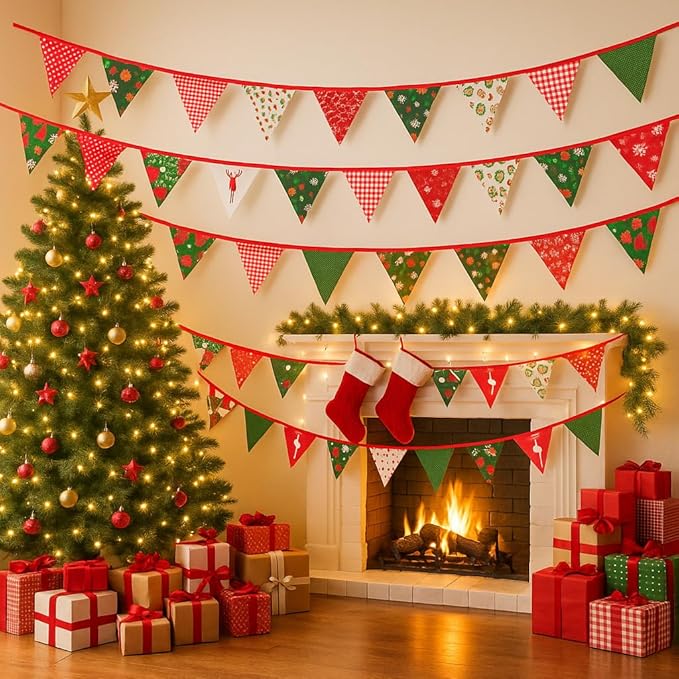 GCQQ Christmas Pennant Banner 40FT Cotton Fabric Xmas Banner 42Pcs Red Green Merry Christmas Party Banner 14 Rustic Different Floral Bunting Garlands for Home Outdoor Decoration