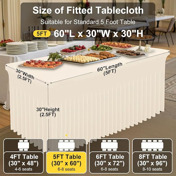 Smiry Spandex Tablecloth, Elastic Fitted Stretch Tablecloth for 5FT Rectangle Tables, Waterproof Washable Table Cover Skirt for Outdoor, Wedding, Banquet & Parties (Beige, 60Lx30Wx30H Inch)