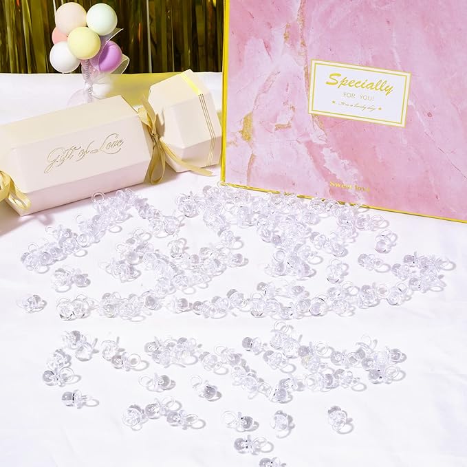 XINHUIDALSQ 150 Mini Acrylic Pacifiers for Baby Shower Girl Game, 0.86 Inch Bulk Chupones para Gender Reveal Party Favors Table Decoration (Clear)
