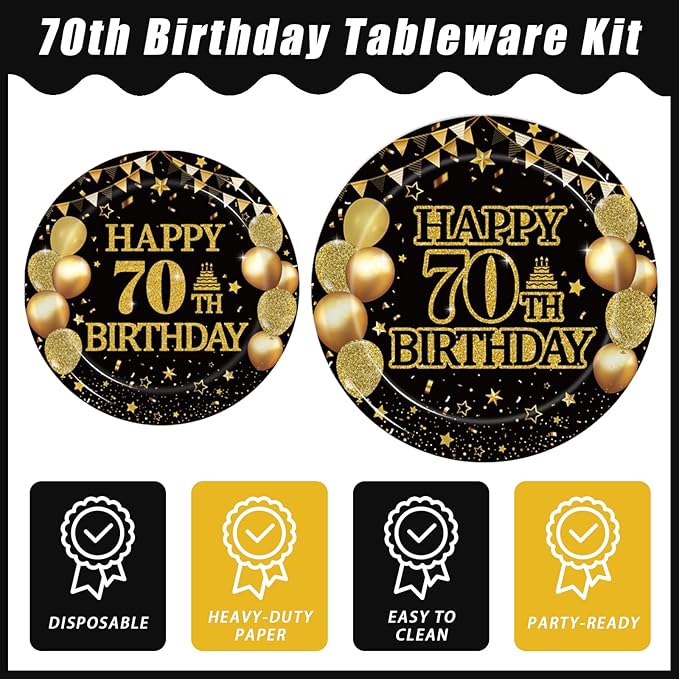 96Pcs 70th Birthday Party Tableware Set, Back in 1956 Birthday Party Decorations Supplies for Men Women Cheers to 70 Years Disposable Paper Plates Napkins Forks Favors, Serve 24