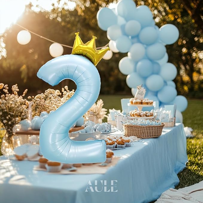 AULE 40 Inch Big Light Blue 2 Balloon Number with Crown Large Foil Helium Number Balloons 0-9 Jumbo Giant Happy 2nd Birthday Party Decorations Huge Mylar Anniversary Party Supplies