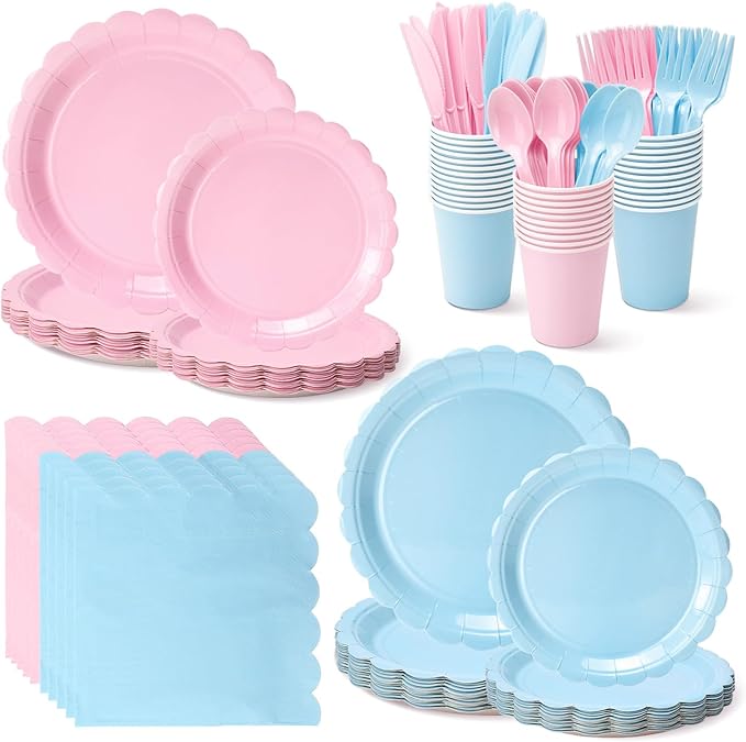 Vyntra 350 Pcs Pink and Blue Disposable Paper Plates and Napkins Set for 50, 9" Dinner Plates & 7" Dessert Plates, Tableware for Baby Shower, Gender Reveal, Birthday, Party