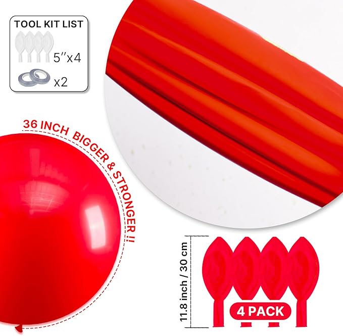 PartyWoo Red Balloons 4pcs 36 Inch Red Helium Balloons for Birthday Graduation Bachelorette Citizenship Firefighter Strawberry Anniversary Cherry Casino Movie Theme Party Decorations Red-Y57