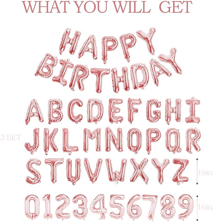 75pcs 16" Happy Birthday Balloon Banner, Pink Rose Gold Balloons Letters, Personalized Mylar Foil Birthday Decorations includes 2 Sets A- Z, 1 set Number 0-9 "HAPPY BIRTHDAY" letters