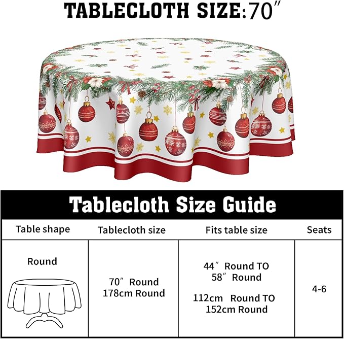Christmas Round Tablecloth 70 Inch Xmas Bells and Snowflake Pattern Table Cloth Circle Winter Holiday Table Cover Washable Polyester Indoor Decor for Home Kitchen Dinning Party