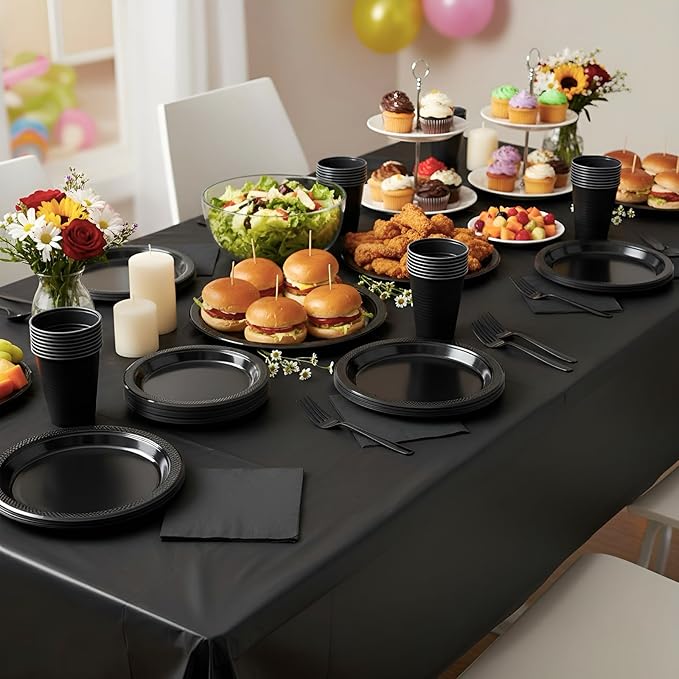 Black Plastic Plates for Party,100 Guest - 7&9inch Plates,Napkins,Forks,Cups & Tablecloths,Disposable Party Supplies for for Birthday,Halloween,Christmas Parties, Graduations