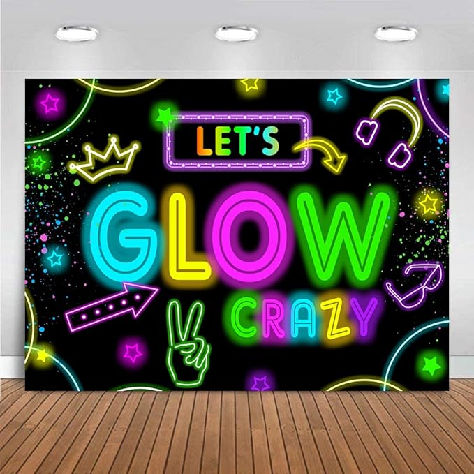 Neon Glow Party Decorations Supplies Backdrop 10x7ft Glow in The Dark Let’s Glow Banner Photography Background Birthday Sleppover Graffiti Splash Paint Black Light Kids Photo Booth