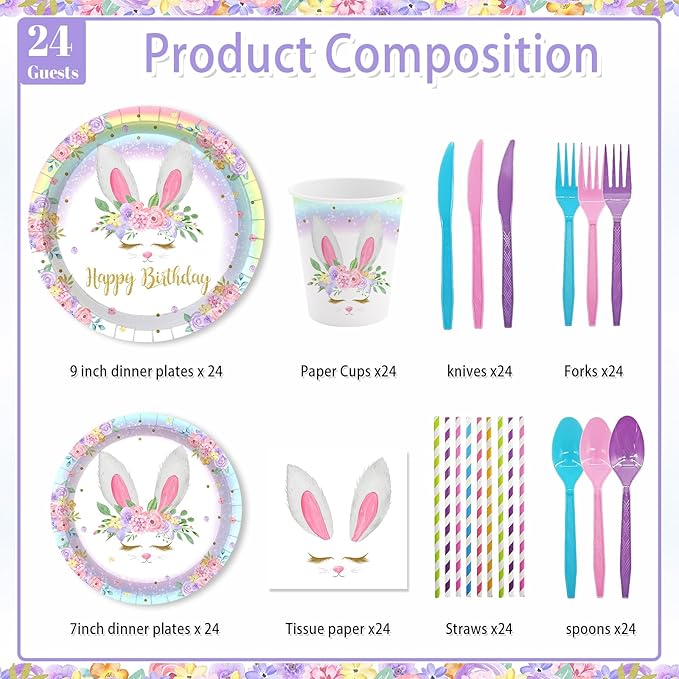MEHOFOND 192pcs Bunny Birthday Decorations Easter Plates and Napkins set Rainbow Bunny Birthday Party Supplies Spring Easter Plates Bunny Party Dinnerware Tableware