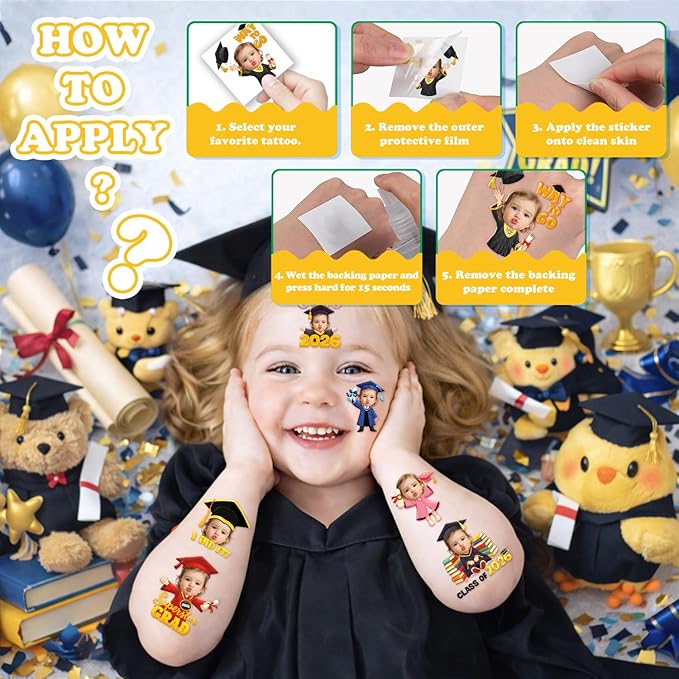 Custom Graduation Temporary Tattoos for Kids - Personalized Pre-Cut Face Photo Tattoos - Fun Birthday Party Favors for Boys Girls, Graduation Day - Set of 20 Unique Celebration Gifts