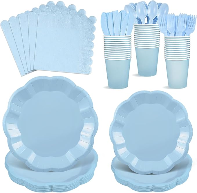 175 Pcs Light Blue Plates and Napkins Set, 25 Guest Blue Supplies Include Scalloped Easter Plates Napkin Cup Forks Knives Disposable Plastic Cutlery for Wedding Boy Baby Shower Birthday Banquet