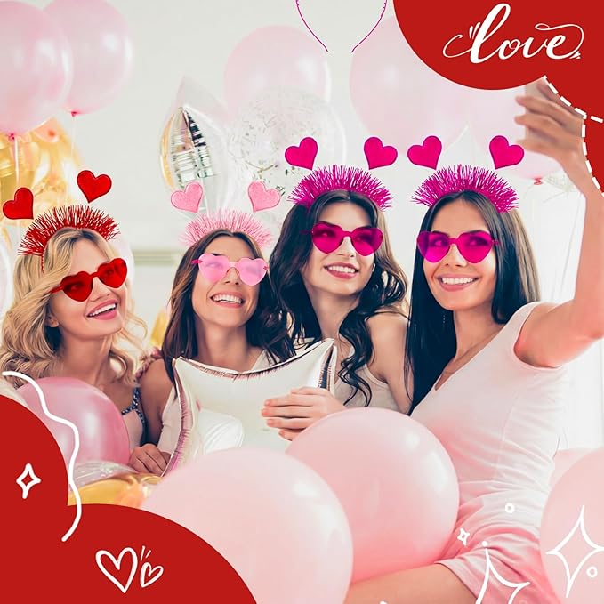 JATEBI 12PCS Valentines Day Heart Headbands and Heart Shape Sunglasses Valentine's Accessories for Women Hair Birthday Easter Party Costume Accessory