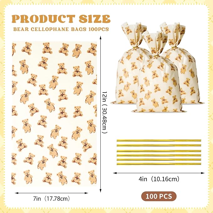 Docvania Bear Cellophane Treat Bags Plastic Gift Bag 100 pcs 7 X 12 Bear Cookie Bags with Ties Goodie Candy Bag Suitable for Mother's Day, Valentine's Day, and Holiday Parties