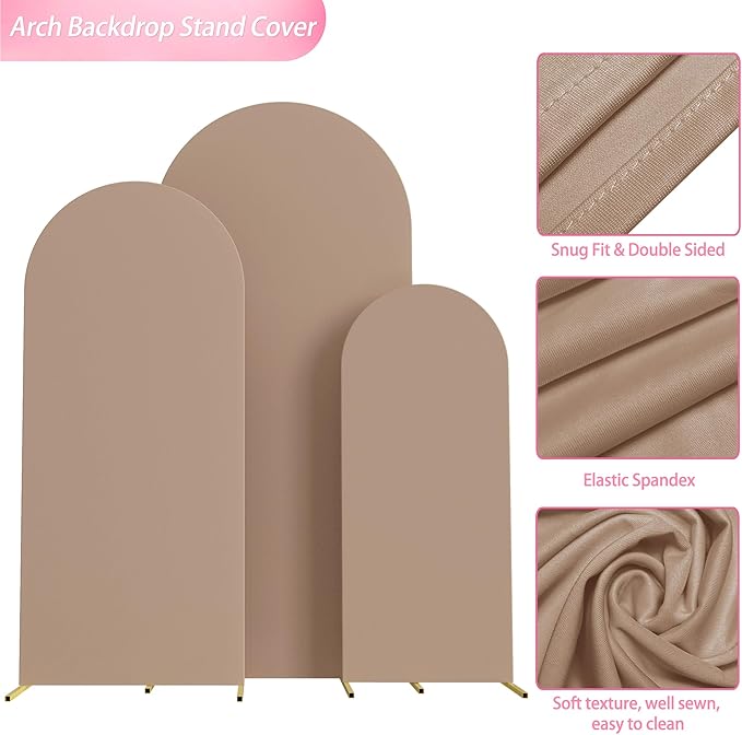 Wokceer Wedding Arch Backdrop Cover 6FT, 5FT, 4FT Set of 3 Spandex Fitted Nude Brown Arch Covers for Round Top Chiara Arch Backdrop Stands Cover for Birthday Party Ceremony Decor