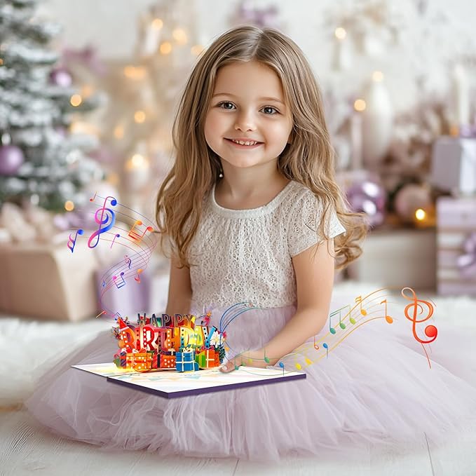 Flamingo Neon Music Playing Pop Up Happy Birthday Greeting Card with LED Light, Love Gift for Adult and Kid with Blank Note & Envelope, Celebration for Daughter, Son, Mom, Dad