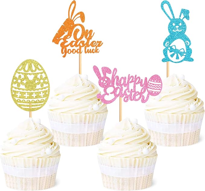 Ercadio 24Pcs Happy Easter Cupcake Toppers Glitter Bunny Easter Eggs On Easter Good Luck Cupcake Picks for Happy Easter Cupcake Decors Easter Baby Shower Birthday Wedding Party Supplies