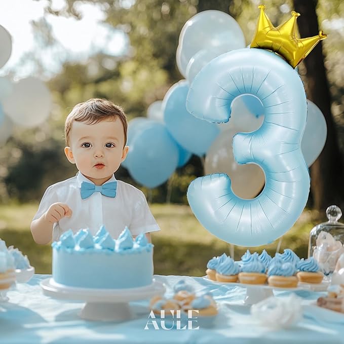 AULE 40 Inch Big Light Blue 3 Balloon Number with Crown Large Foil Helium Number Balloons 0-9 Jumbo Giant Happy 3rd Birthday Party Decorations Huge Mylar Anniversary Party Supplies