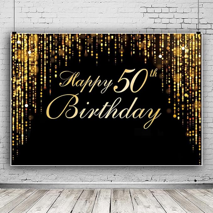 Happy 50th Birthday Photo Background, Black Gold Background Screen Suitable for Birthday Party Decoration Black Gold Flashing Photography Background Photography Booth Photographys