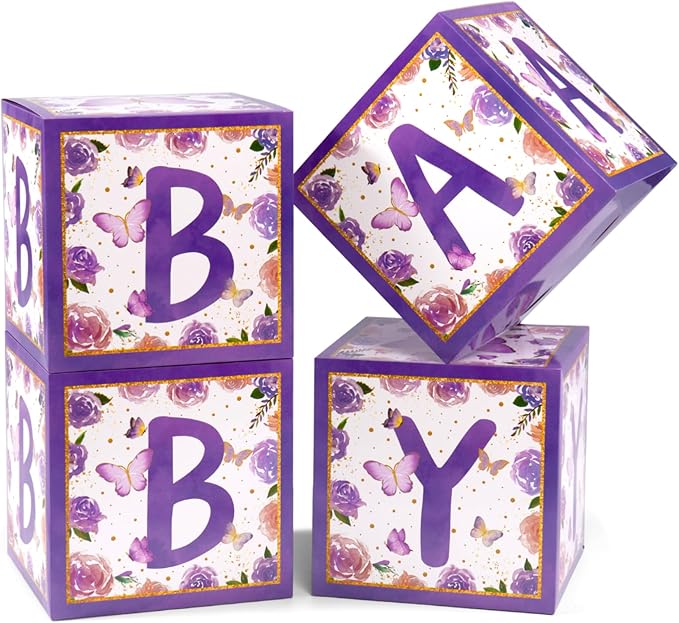 Baby Boxes with Letters for Baby Shower, 4pcs Butterfly Balloon Boxes with Letters for Gender Reveal Birthday Wedding Baby Shower Decorations(Purple)