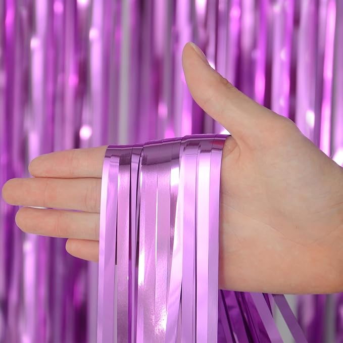 Melsan Light Purple Tinsel Curtain Backdrop, 3.28 x 8ft Metallic Foil Fringe Curtains with Adhesive + Extra Backup Tape, Shiny Party Background for Birthday, Photo Booth & Event Decor, 2 Pack