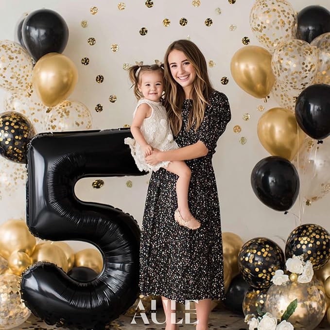 AULE 40 Inch Big Black 5 Balloon Number Large Foil Helium Number Balloons 0-9 Jumbo Giant Happy 5th Birthday Party Decorations for Boy or Girl Huge Mylar Anniversary Party Supplies