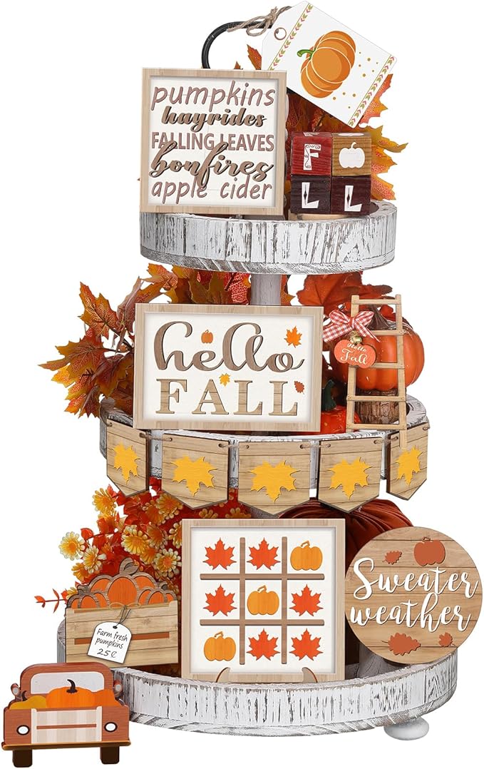 14 Pcs Thanksgiving Tiered Tray Decorations Set Thanksgiving Pumpkin Maple Tiered Tray Decorations Set Rustic Farmhouse Pumpkin Truck Spice Blocks Autumn Wooden Sign for Winter Christmas