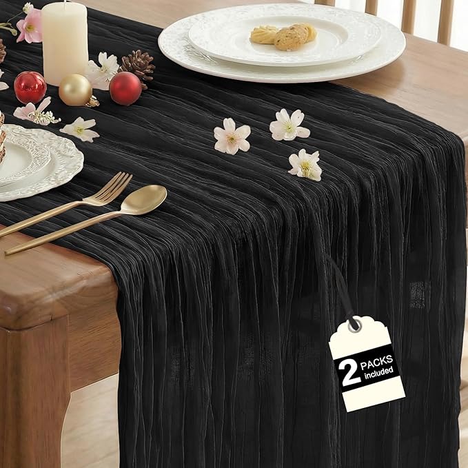 IVAPUPU 2 Pcs Cheesecloth Table Runner - 10ft Black Easter Spring Boho Gauze Black Cheese Cloth Table Runners for Indoor Baby Shower Decoration Wedding Party Garden Decor