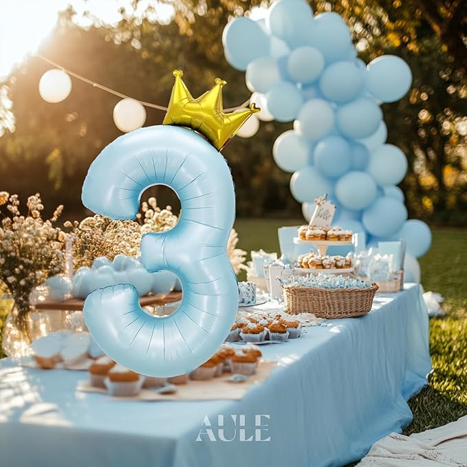 AULE 40 Inch Big Light Blue 3 Balloon Number with Crown Large Foil Helium Number Balloons 0-9 Jumbo Giant Happy 3rd Birthday Party Decorations Huge Mylar Anniversary Party Supplies