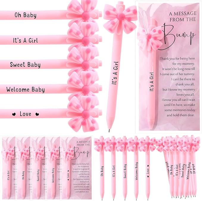 50 Set Baby Shower Party Gift Pen Favors for Guests Include 50 Pink Blue Bow Ballpoint Pens 50 Baby Shower Thank You Cards with Opp Bags for Gender Reveal Party Prizes Souvenirs(Girl)