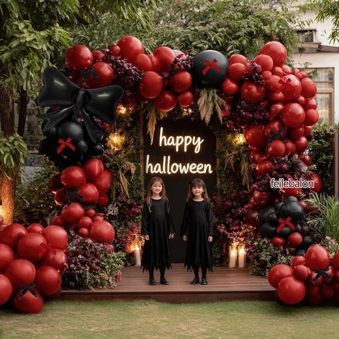 Dark Red Black Balloon Arch Kit with Bow, Double Stuffed Burgundy Black Red Maroon Balloon Garland for Birthday Baby Shower Anniversary Wedding Graduation Valentine‘s Day Party Decoration