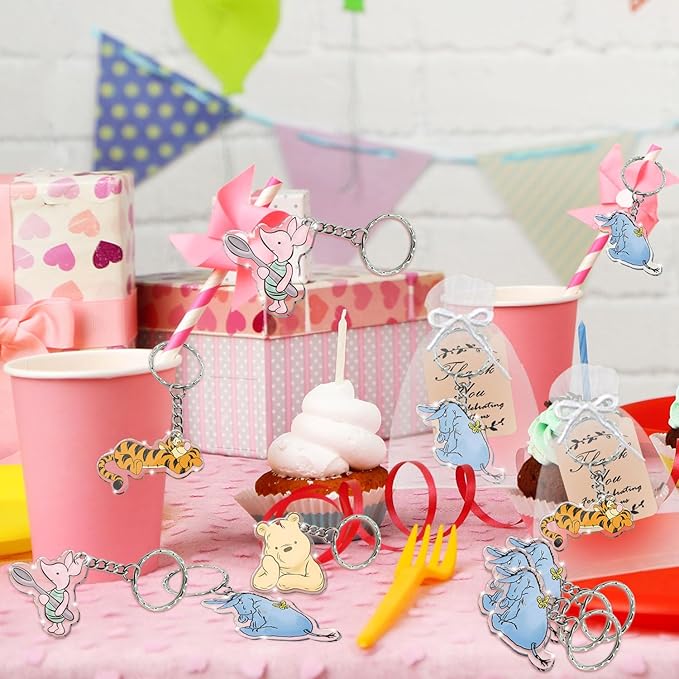72pcs Winnie Baby Shower Favors Keychain, Winnie themed Birthday Party Supplies, 24 Acrylic Keychains, 24 Tags, 24 Gift Bags for Winnie Themed Party