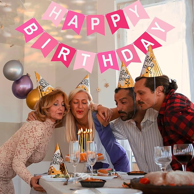 Happy Birthday Banner, Pink Colors Birthday Party Banner Assembled Garland Bunting Flags Women Men Girl Boy Party Hanging Decorations Indoor/Outdoor Supplies