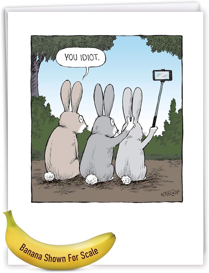 NobleWorks - 1 Big Funny Birthday Card Cartoon (8.5 x 11 Inch) - Jumbo Comic Humor, Group Greeting Card with Envelope - Bunny Selfies J2750BDG