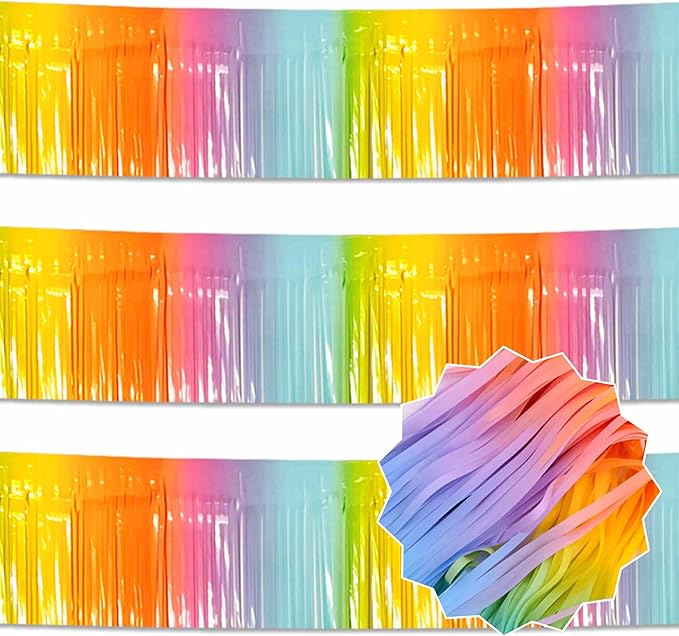 3 Pack 10 Ft Light Rainbow Foil Fringe Garland Metallic Streamers Tinsel Banner Wall Hanging Garland Backdrop for Parade Floats, Halloween, Christmas, Thanksgiving, New Year Party Decorations