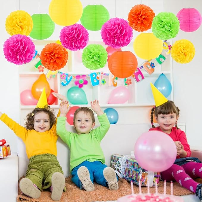 zilue Glow in the Dark Party Supplies, Paper Lanterns and Pom Poms Flowers for Birthday Party Baby Shower Wedding Shower Decor Pack of 15 Pieces
