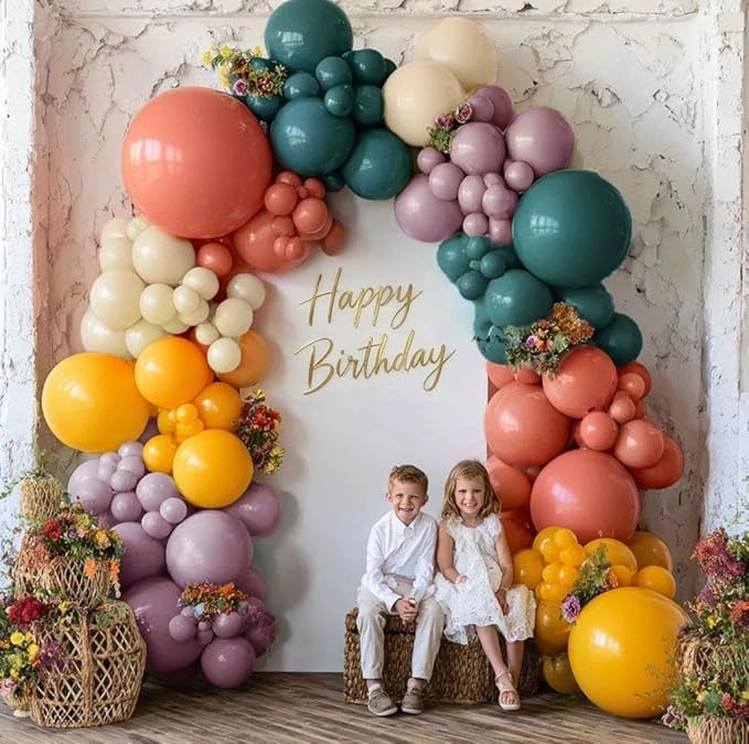 Boho Rainbow Balloon Garland Kit Double Stuffed Dusty Blue Pink Ivory Balloon Arch Mustard Yellow Purple Balloons for Thanksgiving Fall Baby Shower Birthday Party Decorations