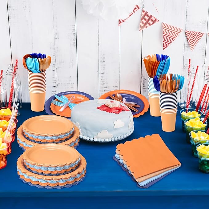 350 Pcs Blue Orange Plates and Napkins, 50 Guest Blue Dog Party Supplies Include Scalloped Paper Plates Napkins Cups Plastic Spoons Forks Knives Disposable Tableware Set for Dart Birthday Party
