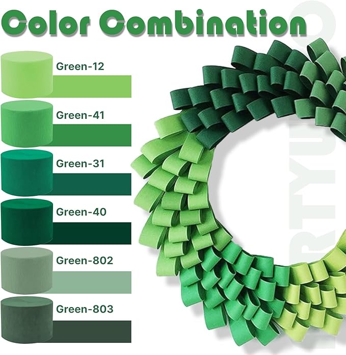 PartyWoo Dark Green Crepe Paper Streamers 4pcs 328ft Pack of Sage Emerald Forest Hunter Green Crepe Paper Streamers for Birthday Baby Shower Woodland Dinosaur Jungle Football Theme Party Decorations