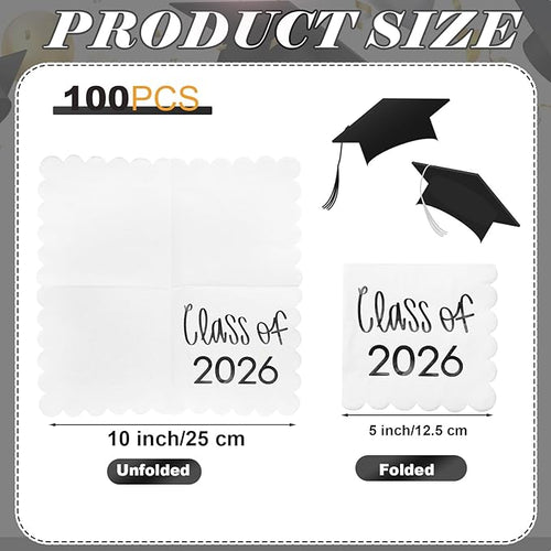100 Pcs Class of 2026 Graduation Cocktail Napkins 5 x 5 Inch Congrats Grad Scalloped Paper Napkins for Dinner Beverage Graduate Decorations(Black)