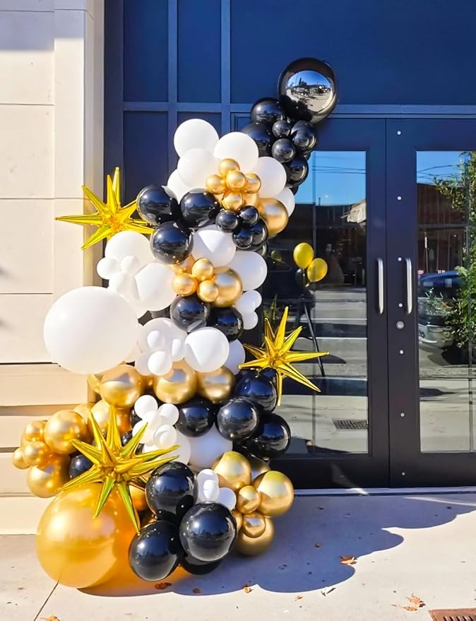 Black and Gold Balloons Arch Garland Kit, 110 Pcs Black Gold and Foil Starburst Balloon, Different Size Latex Balloons for New Year Party Birthday Retirement Anniversary Wedding Graduation Decor