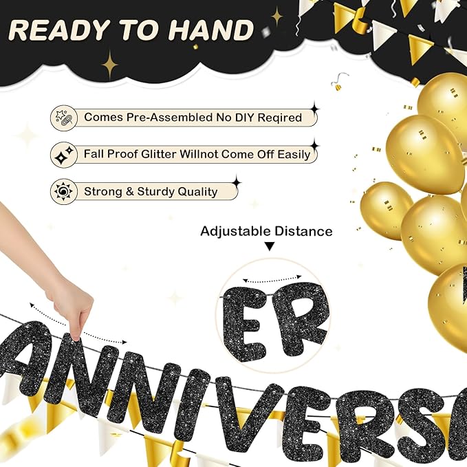 Fulmoon Happy Anniversary Banner Glitter Happy Anniversary Decorations Wedding Party Banner Romantic Decorations No DIY Pre-strung for Wedding Party Birthday Door(Black)