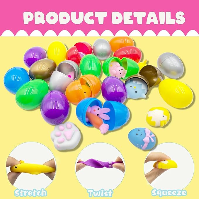 24 Pack Easter Mochi Squishy Toys Filled Easter Eggs, Plastic Easter Eggs Filled with Easter Squishy Toys for Eggs Hunt, Gifts for Kids Boys Girls Party Favors, Easter Basket Stuffers