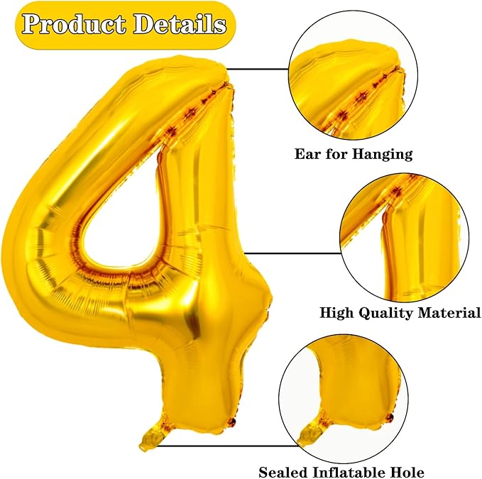 40 Inch Gold Large Numbers Balloons 0-9 Giant Jumbo Number 4 Digit 4 Helium Balloons, Big Foil Mylar Number Balloons for Boys Girls Kids Women Birthday Party Anniversary Supplies Decorations