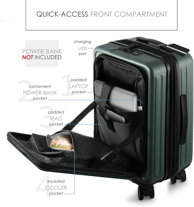 TRAVELARIM 20 Inch Carry On Luggage 22x14x9 Airline Approved, Carry On Suitcase with Wheels, Hard-shell Carry-on Luggage, Durable Luggage Carry-On, Green Small Suitcase with Cosmetic Case