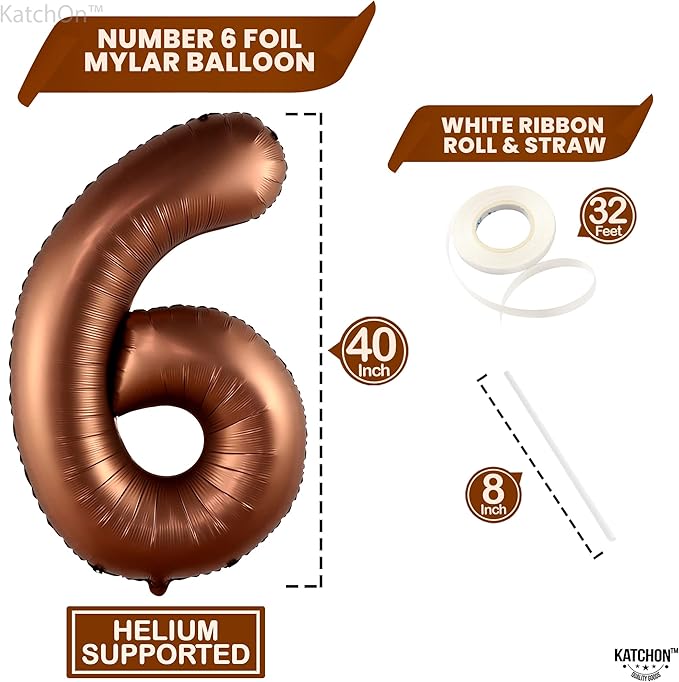 KatchOn, Giant Coffee Brown Number 6 Balloon - 40 Inch | 6th Birthday Balloon for 6th Birthday Decorations | 6 Balloons for Birthday | 6 Year Old Balloons for 6 Year Decorations