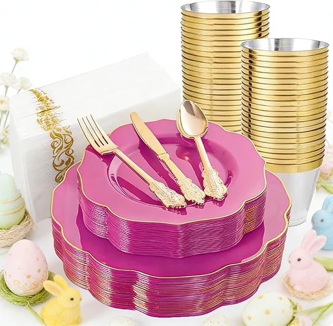 NOCCUR 175PCS Hot Pink Plastic Plates with Gold Disposable Silverware - Include 50 Hot Pink Plates,25 Knives,25 Forks,25 Spoons,25 Cups and 25 Napkins - Ideal for Party/Easter Day
