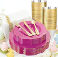 NOCCUR 175PCS Hot Pink Plastic Plates with Gold Disposable Silverware - Include 50 Hot Pink Plates,25 Knives,25 Forks,25 Spoons,25 Cups and 25 Napkins - Ideal for Party/Easter Day