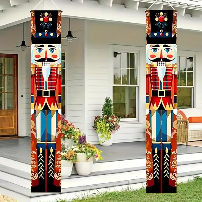 Christmas Door Banner Set 12x71 Inch Nutcracker Soldier Vertical Porch Hanging Sign Indoor Outdoor Polyester Holiday Entryway Decoration Seasonal Photo Backdrop
