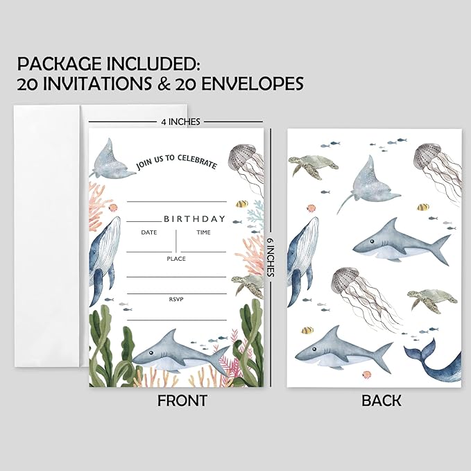 AEHIE 20 Sets Under the Sea Birthday Party Invitations With Envelopes, Sea Creatures Whale Turtle Shark Jellyfish Double-sided Printed Birthday Party Invite Cards for Kids & Adults