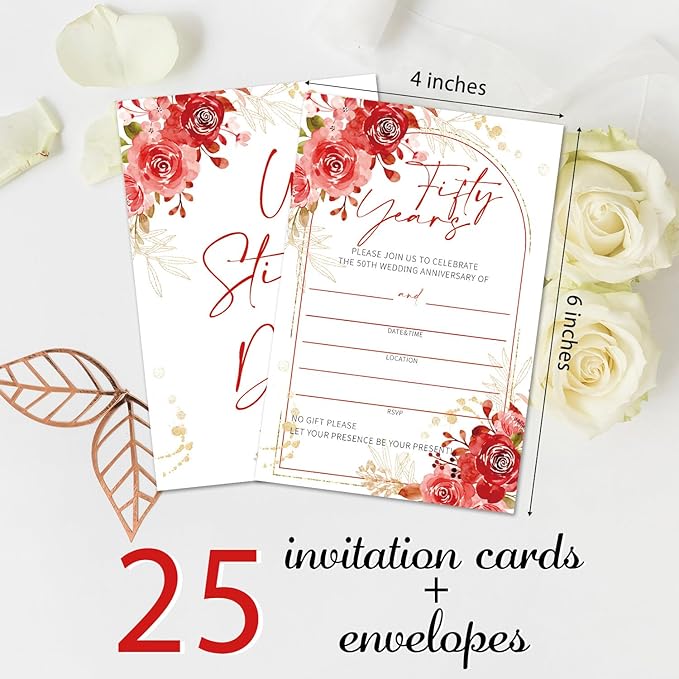Floral 50th Wedding Anniversary Invitations, 50th Anniversary Invites, Wedding Party Supplies, 25 Pcs Cards & Envelopes /13
